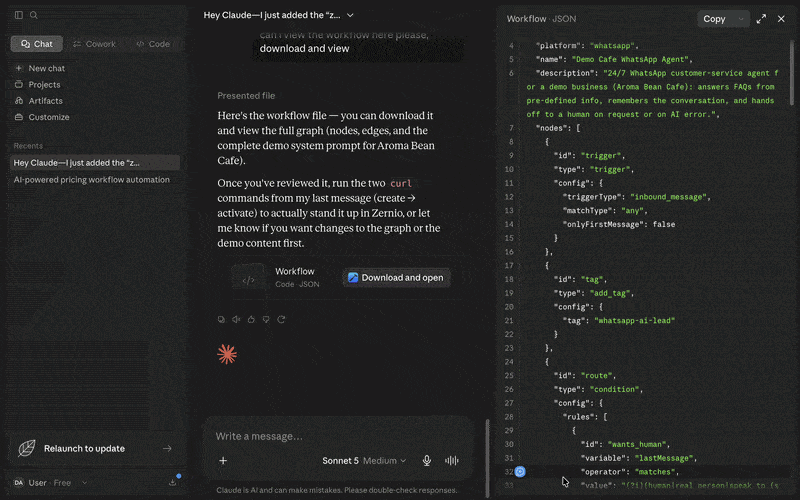 generate whatsapp workflow with claude